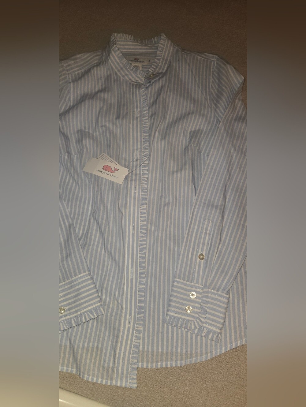 Vineyard Vines NWT Blue Stripe Ruffle Trim Button Down Blouse Size 6